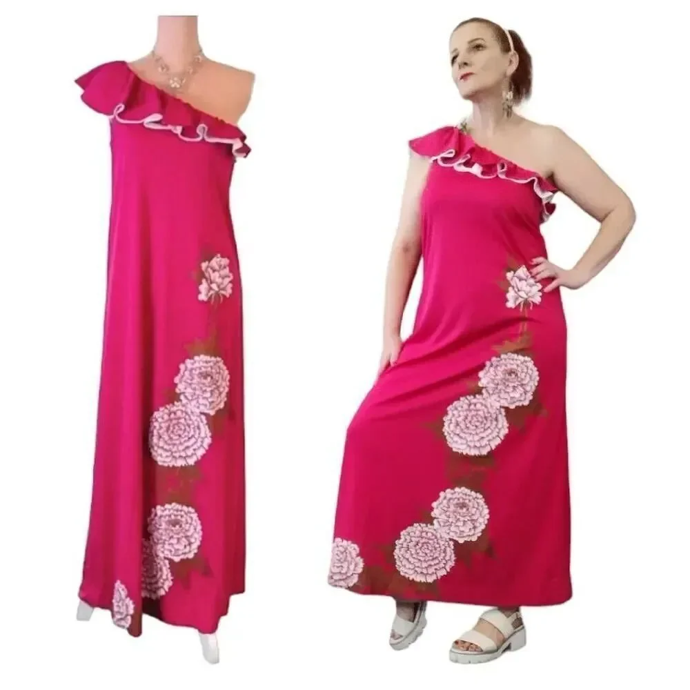VTG 60s Alfred Shaheen Hand Painted Pink One Shoulder Maxi Dress 10 LG RARE - Picture 4 of 12